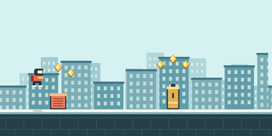 A red-suited courier jumping over a rooftop vent above a bright teal city