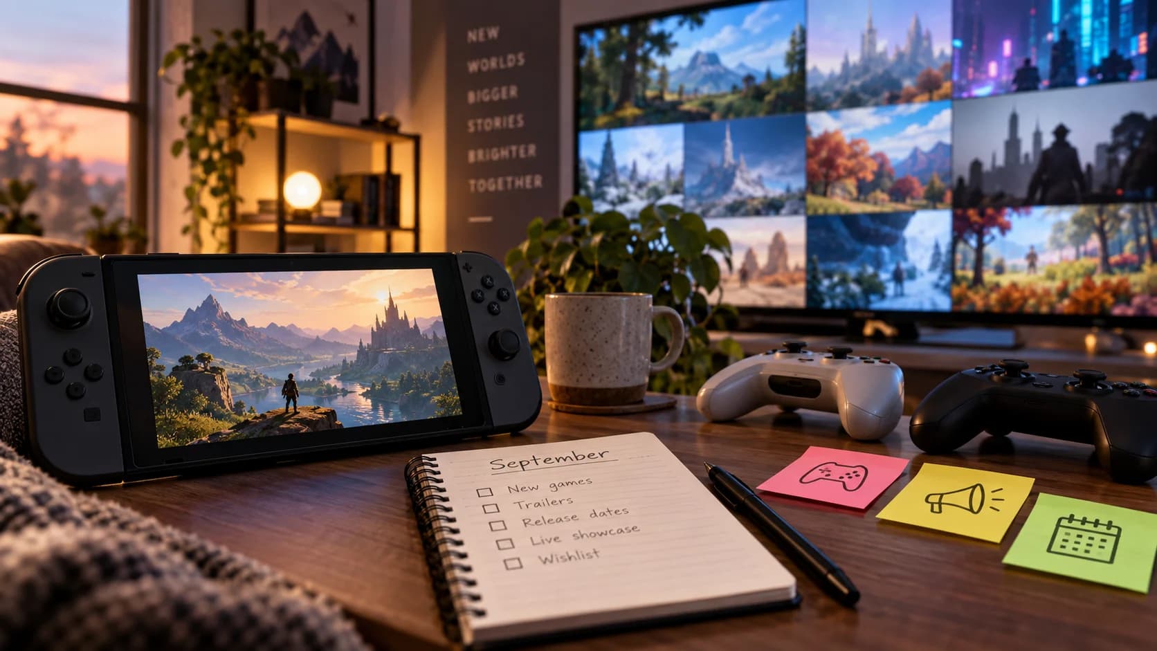 Realistic gaming desk with generic handheld console, TV game showcase grid, controllers, notebook, and warm evening light