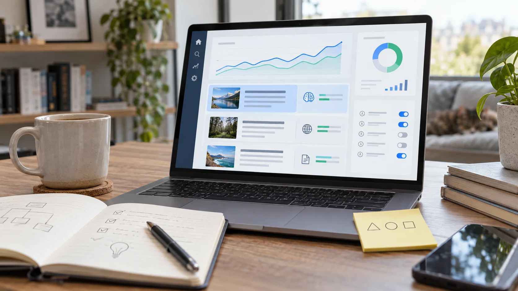 Realistic laptop analytics dashboard with abstract article cards, AI search symbols, notebook, phone, and coffee on a desk