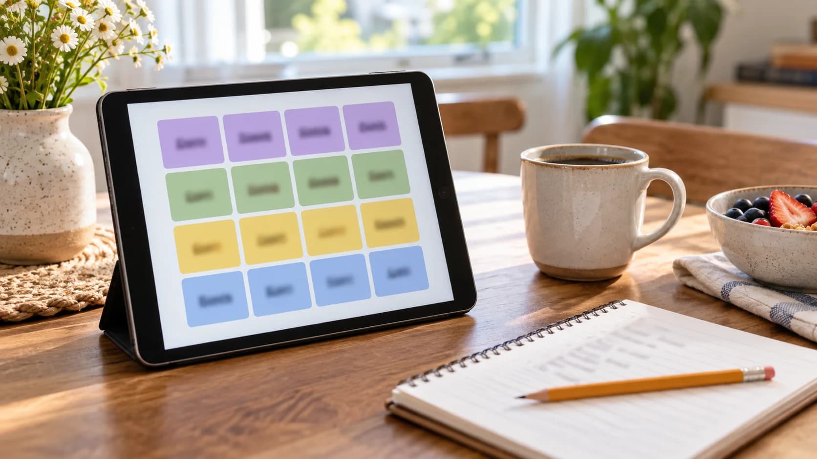 Realistic tablet on a breakfast table showing an abstract colored word puzzle grid beside coffee and a notebook