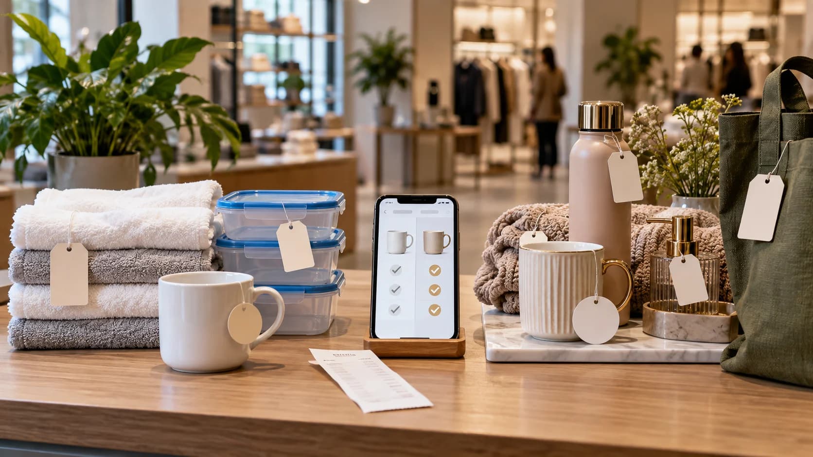 Realistic retail table comparing simple value goods and premium everyday products with phone comparison screen