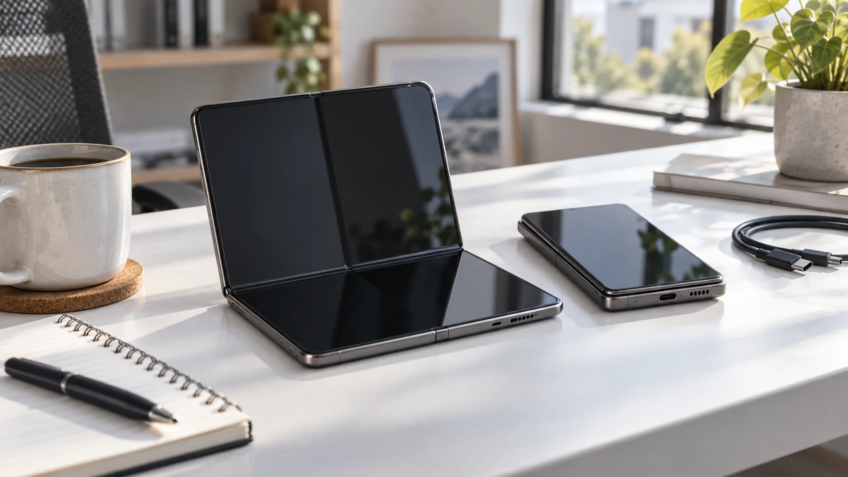 Realistic editorial photo of a generic foldable smartphone on a bright desk beside a notebook, cable and coffee.