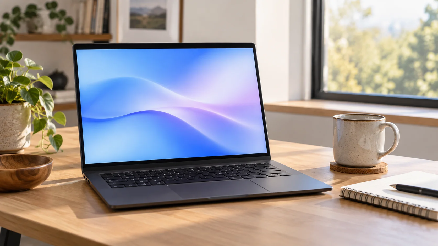 AI-generated illustration of an unbranded laptop on a sunlit desk with a notebook and mug.
