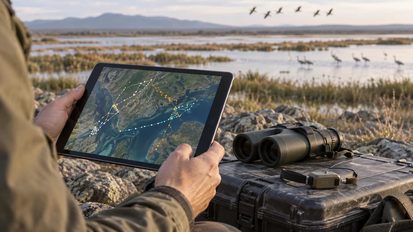 Realistic field researcher using a tablet with animal migration paths near binoculars, GPS tag, and wetland habitat