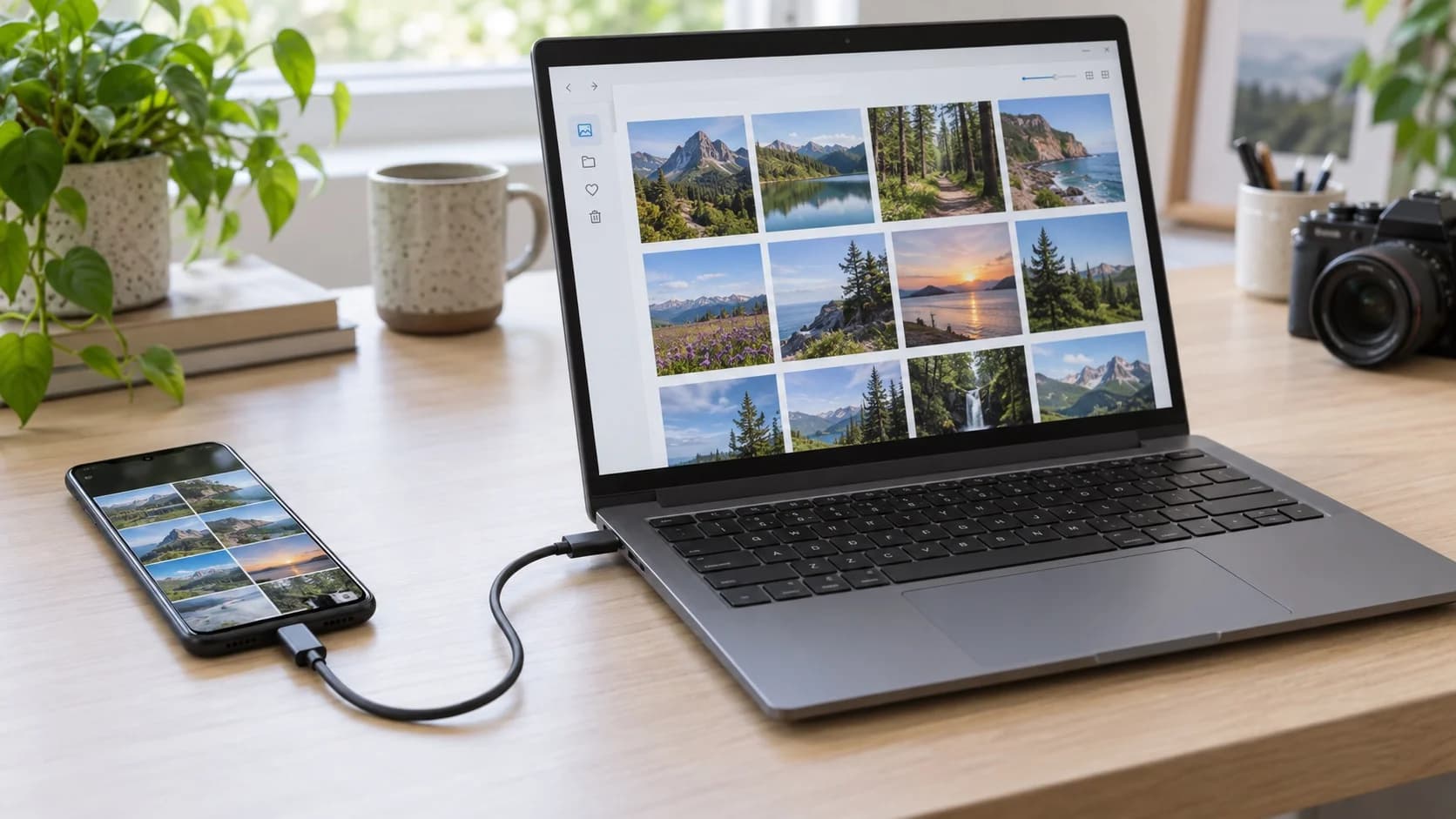 AI-generated smartphone connected by cable to a laptop displaying a generic photo library.