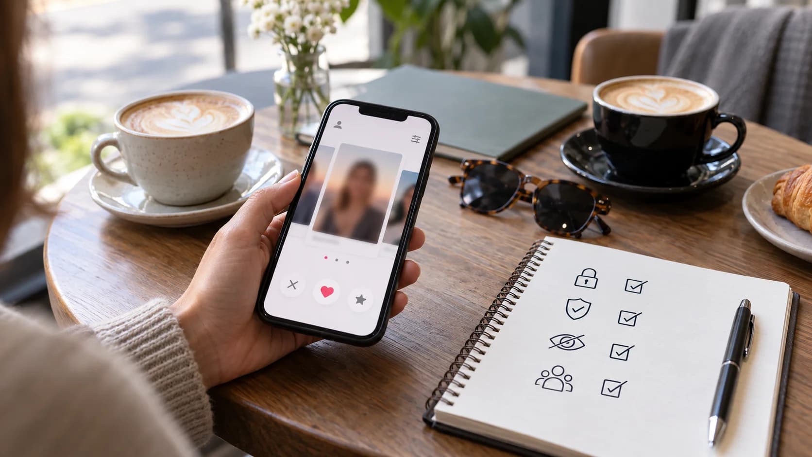 Realistic cafe table with phone showing an abstract dating app interface, two coffees, and a privacy checklist notebook