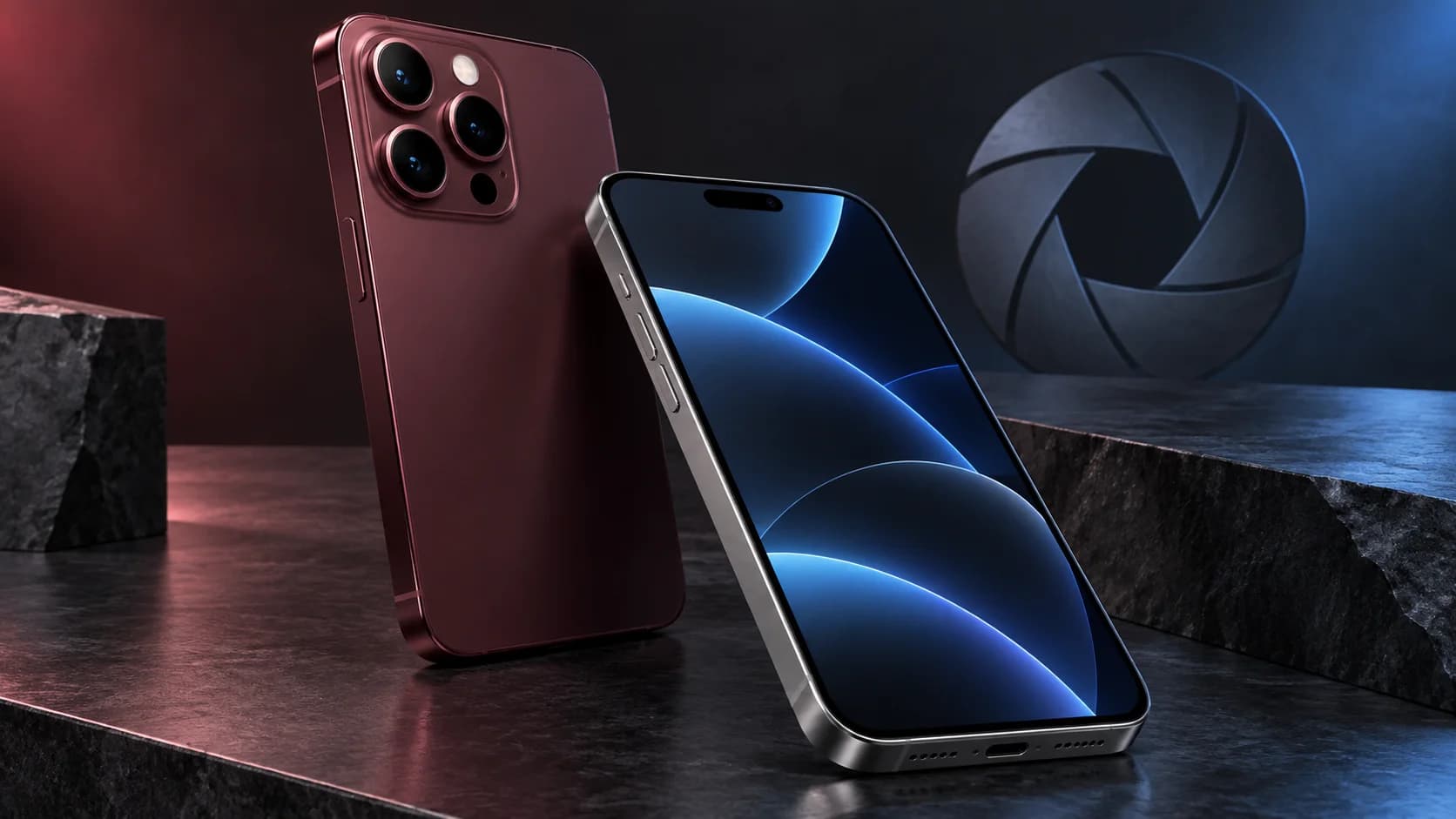 Concept illustration of burgundy and silver smartphones beside an aperture motif on a dark studio surface