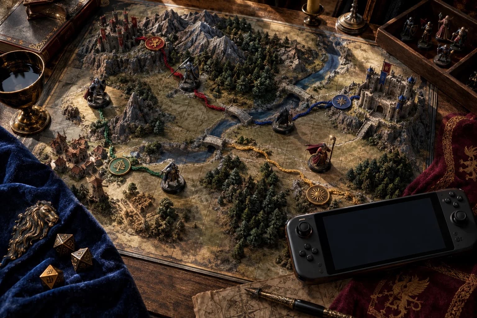 AI-generated fantasy strategy map with miniature heroes, four coloured paths and a generic handheld console.