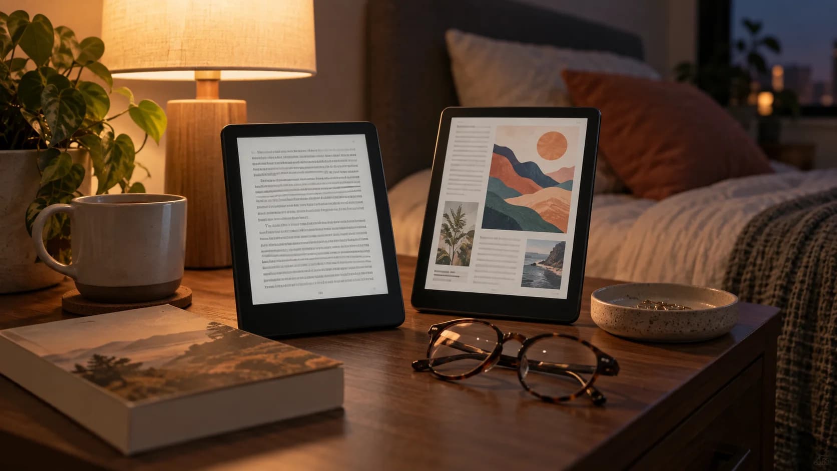 Realistic bedside table with two e-readers showing black-and-white and color pages beside a lamp, book, and glasses
