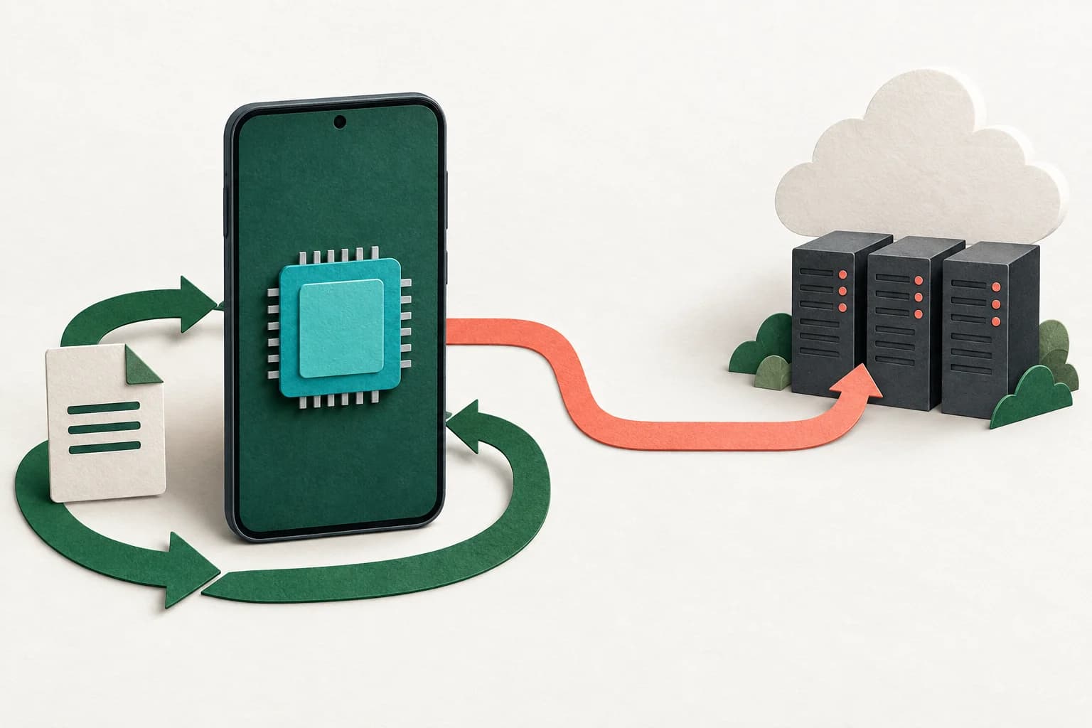 Editorial illustration of a smartphone processor connected by two paths to a document and remote cloud servers.
