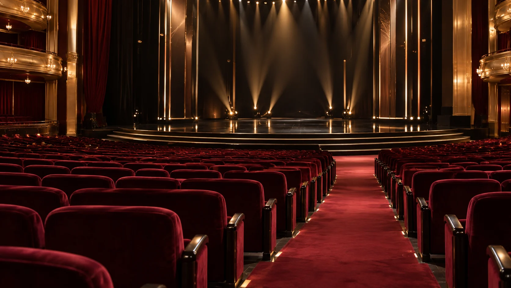AI-generated illustration of an empty theatre with burgundy seats and golden stage lighting.