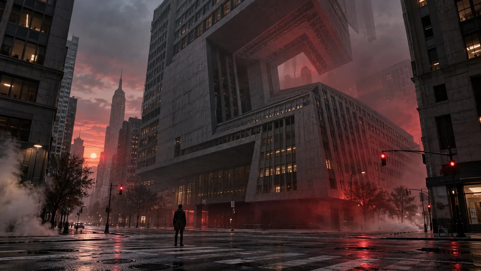 AI-generated surreal Manhattan intersection with impossible concrete architecture and a lone anonymous figure.