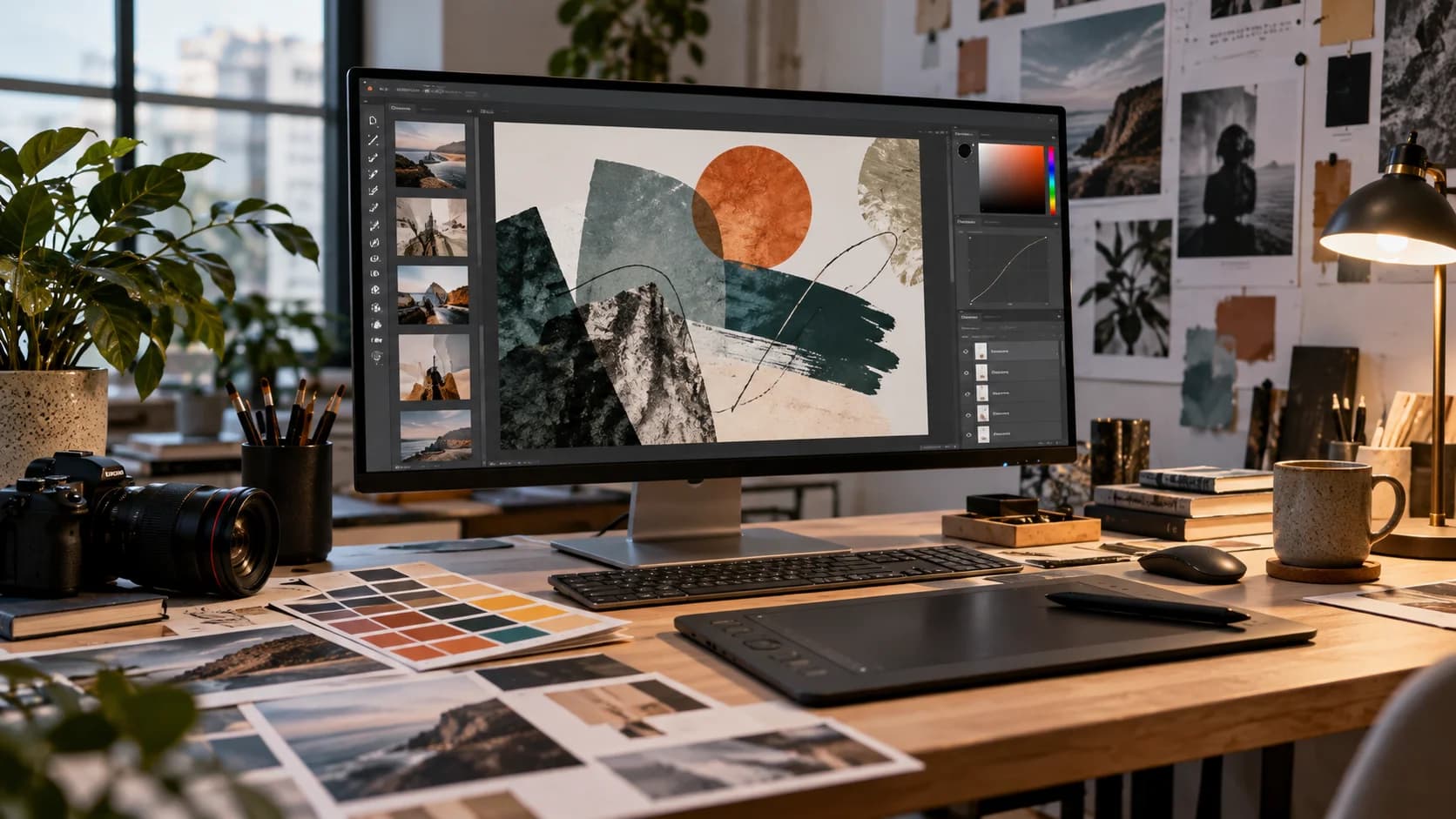 Realistic designer workspace with editing panels, camera gear, stylus, and layered creative software interface