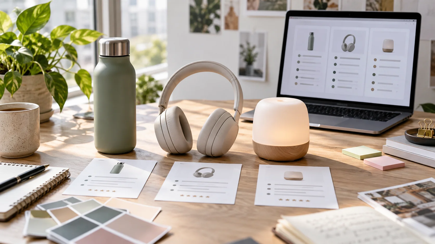 Realistic curated shopping desk with anonymous lifestyle products, comparison cards, swatches, laptop shortlist columns, and sticky notes