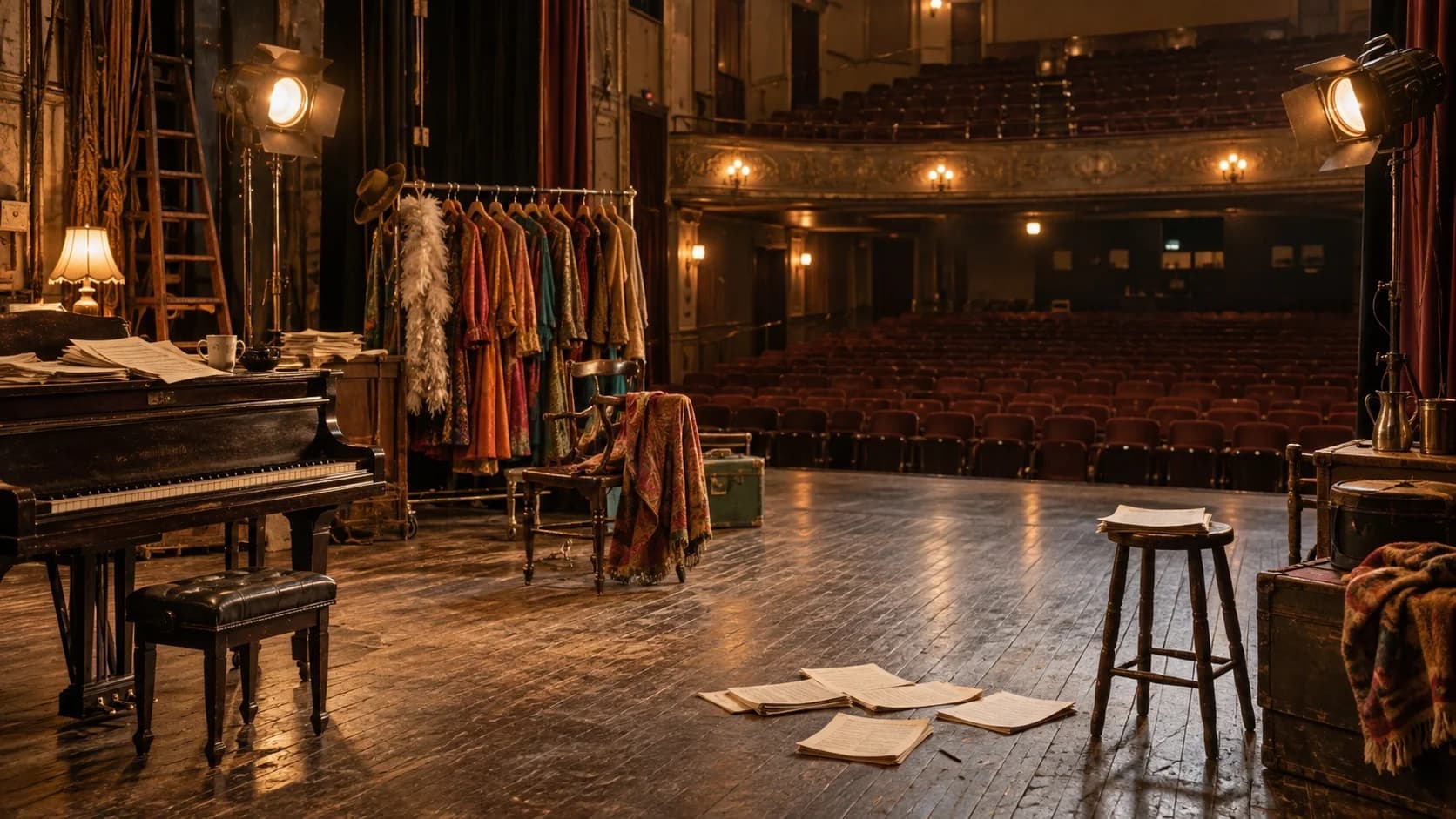 AI-generated empty vintage theatre stage with a piano, scripts, costumes and warm rehearsal lights.