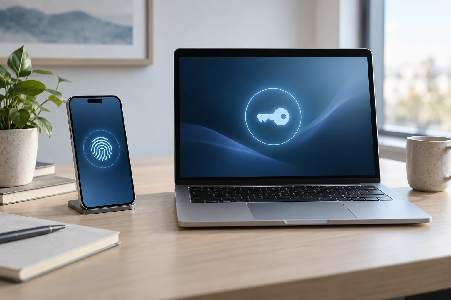 Generic smartphone and laptop displaying abstract passkey and fingerprint symbols on a home-office desk.