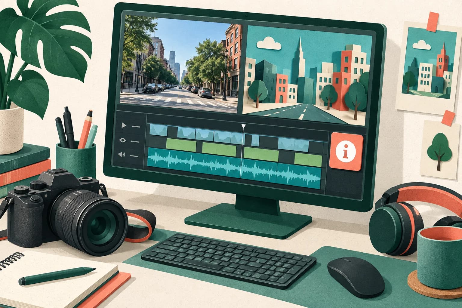Editorial illustration of a video editing workstation, camera, and disclosure marker beside a timeline.