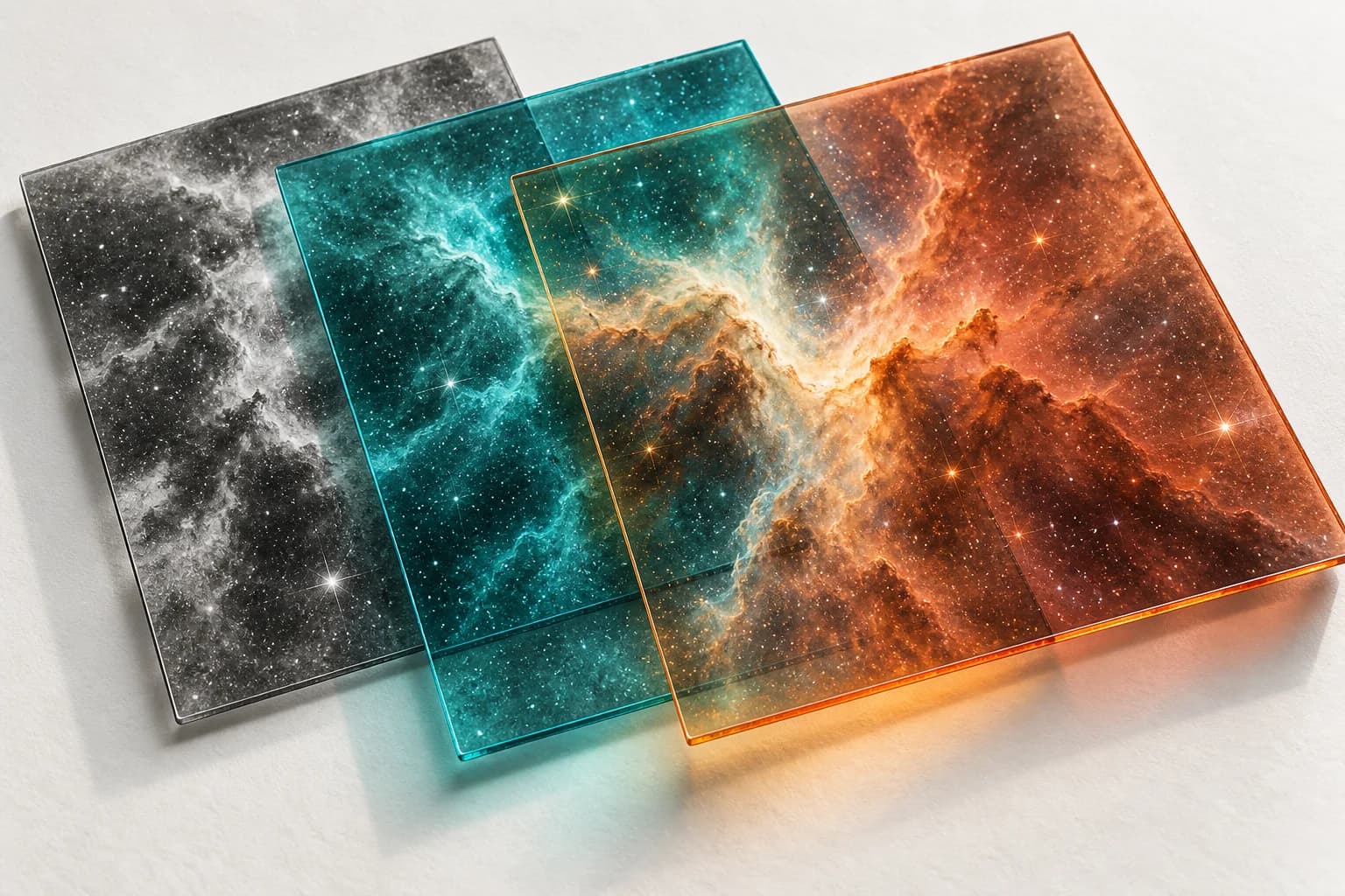 Conceptual illustration of overlapping monochrome, teal, and orange plates showing an imaginary star cloud; not an actual telescope observation.