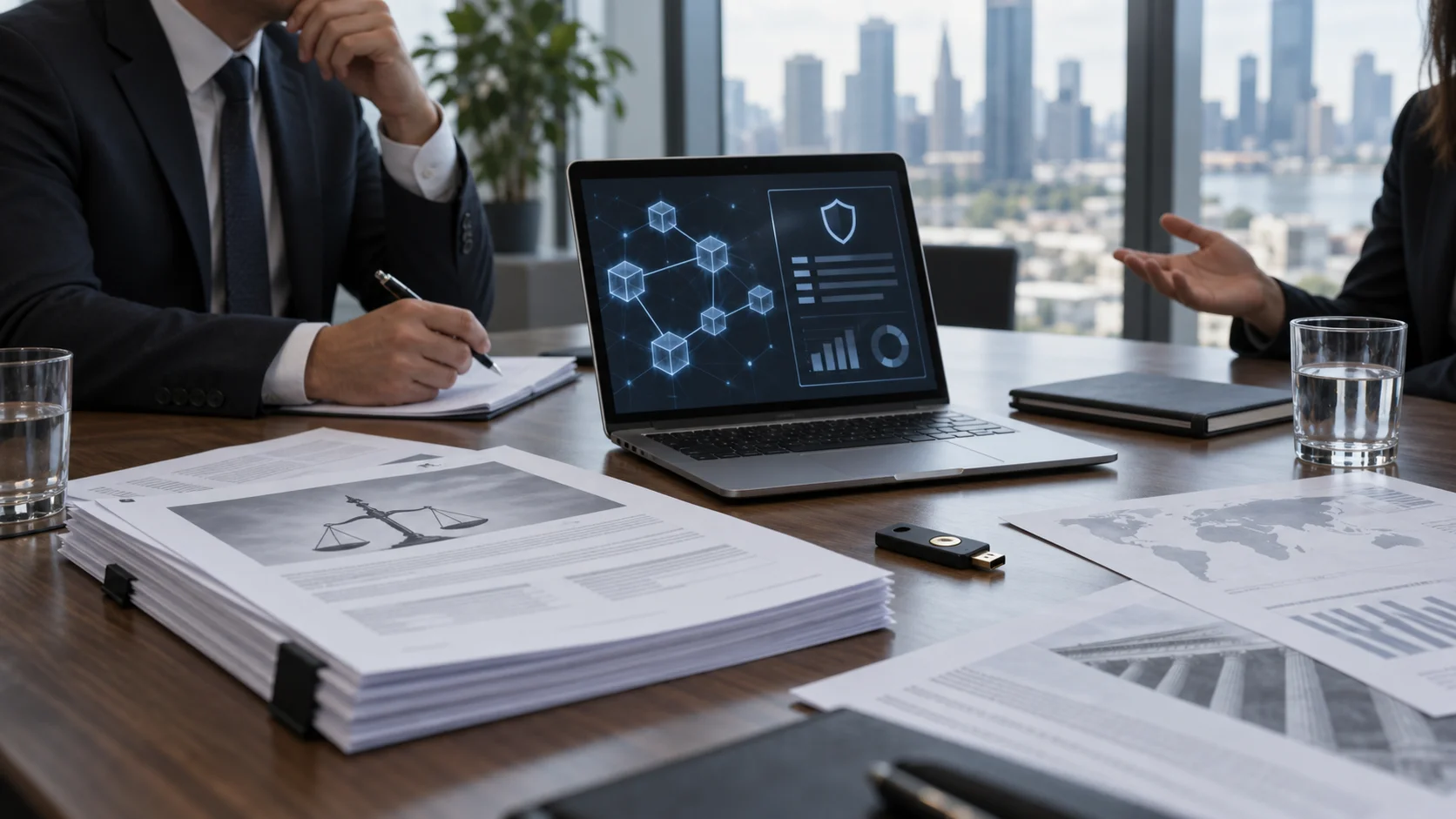 Realistic conference table with crypto compliance documents, laptop dashboard, and hardware security key