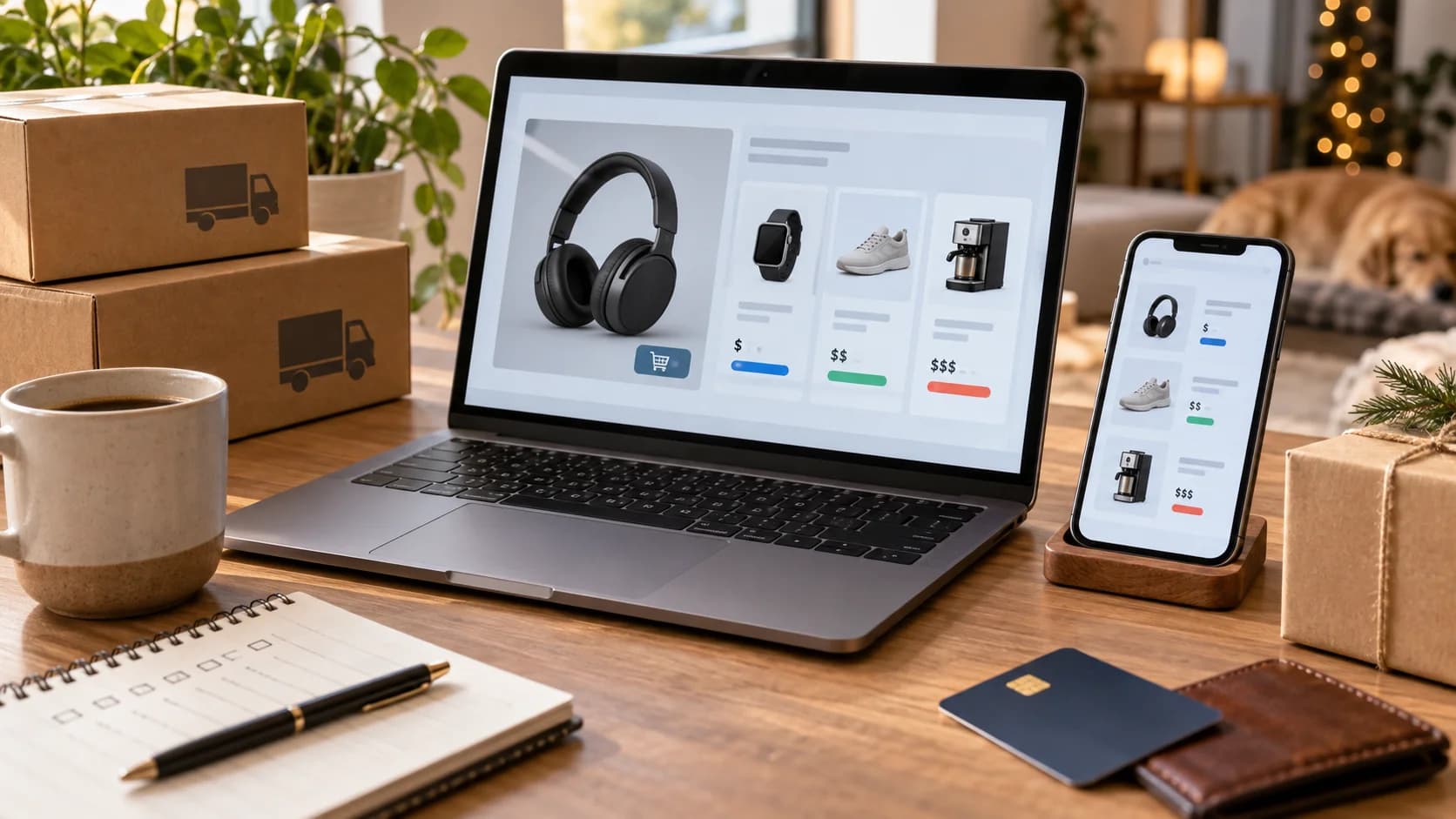 Realistic Cyber Monday shopping setup with laptop, phone, abstract deal cards, delivery boxes, wallet, and notebook