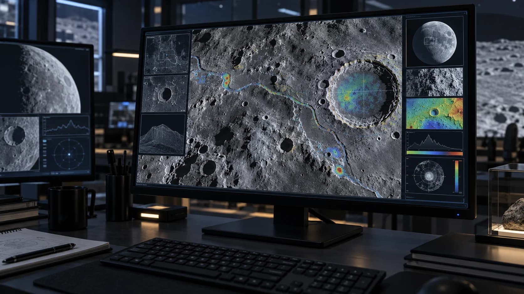 AI-generated illustration of a lunar research workstation showing terrain-analysis overlays.
