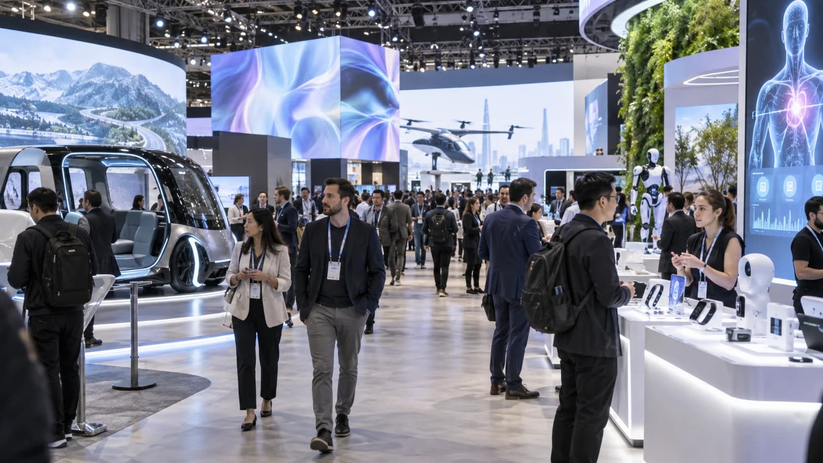 Realistic CES-style trade show floor with futuristic product booths, mobility demos, health tech counters, and attendees