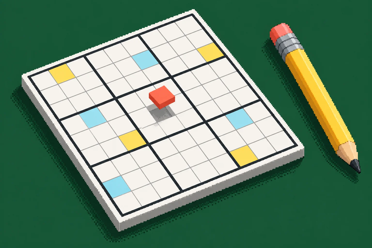 Pixel-art illustration of a white Sudoku-inspired grid, a hovering coral tile and a yellow pencil on a green background.