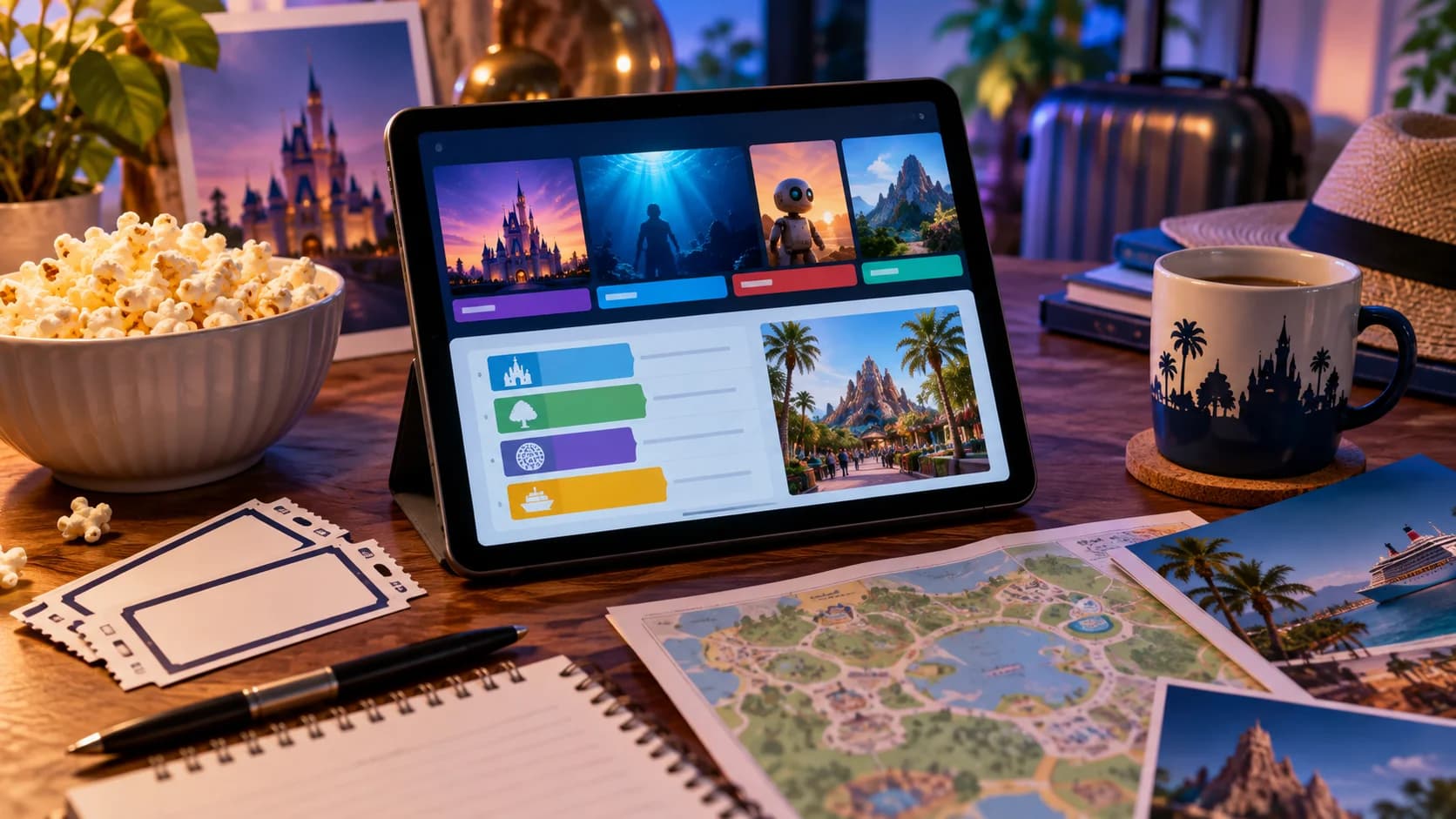 Realistic family entertainment planning desk with tablet streaming tiles, blank tickets, park map shapes, popcorn, and travel items