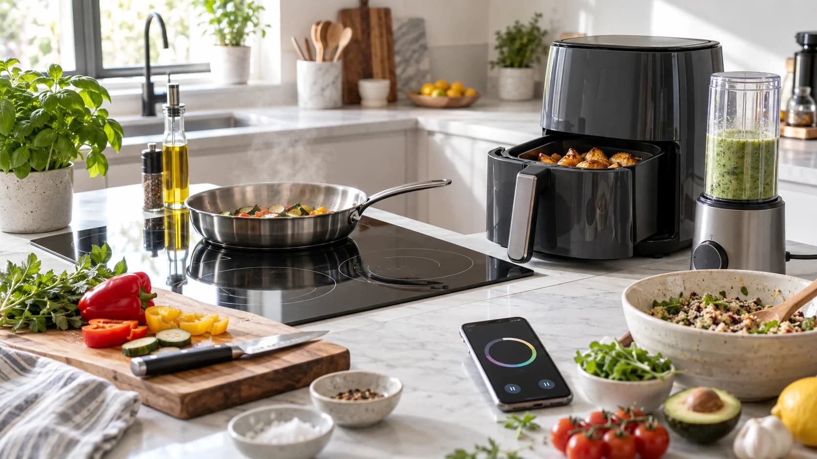 Realistic modern kitchen counter with induction cooktop, air fryer, blender, vegetables, pan, and phone timer