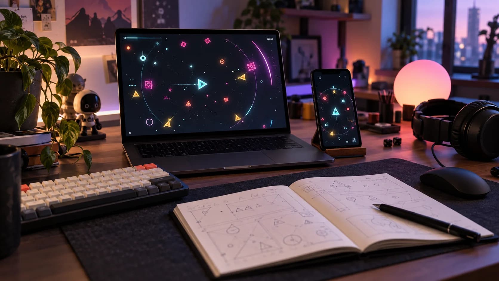 Realistic indie game desk with laptop and phone showing abstract arcade gameplay, keyboard, sketches, and headphones