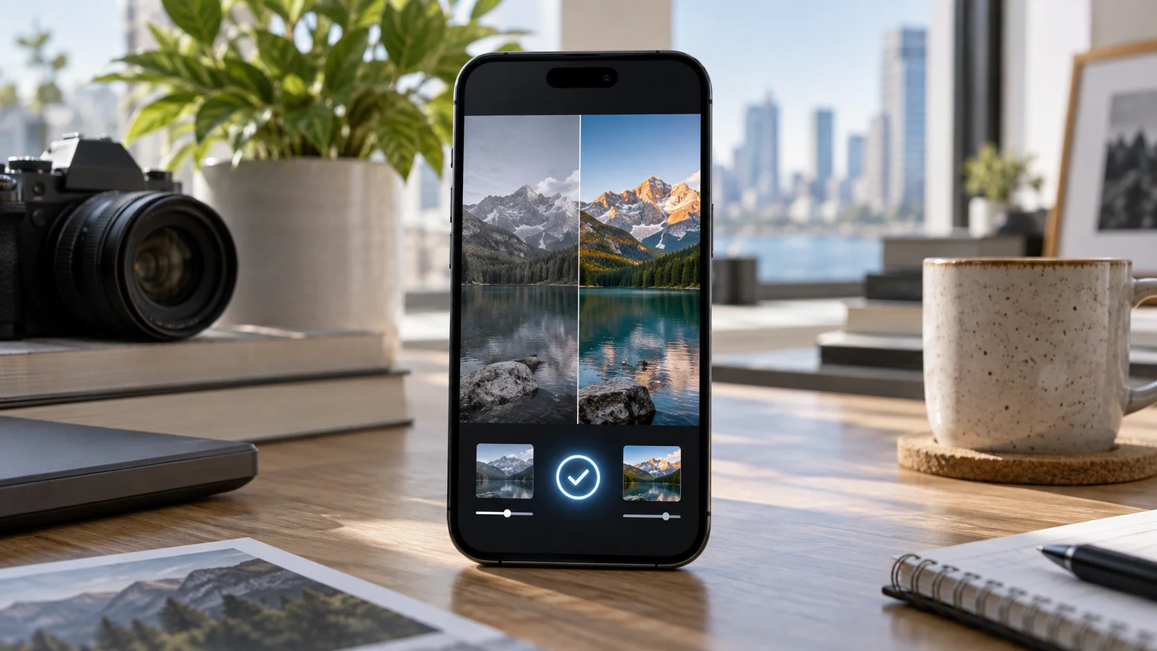 A smartphone on a desk showing a photo comparison interface with a verification symbol.