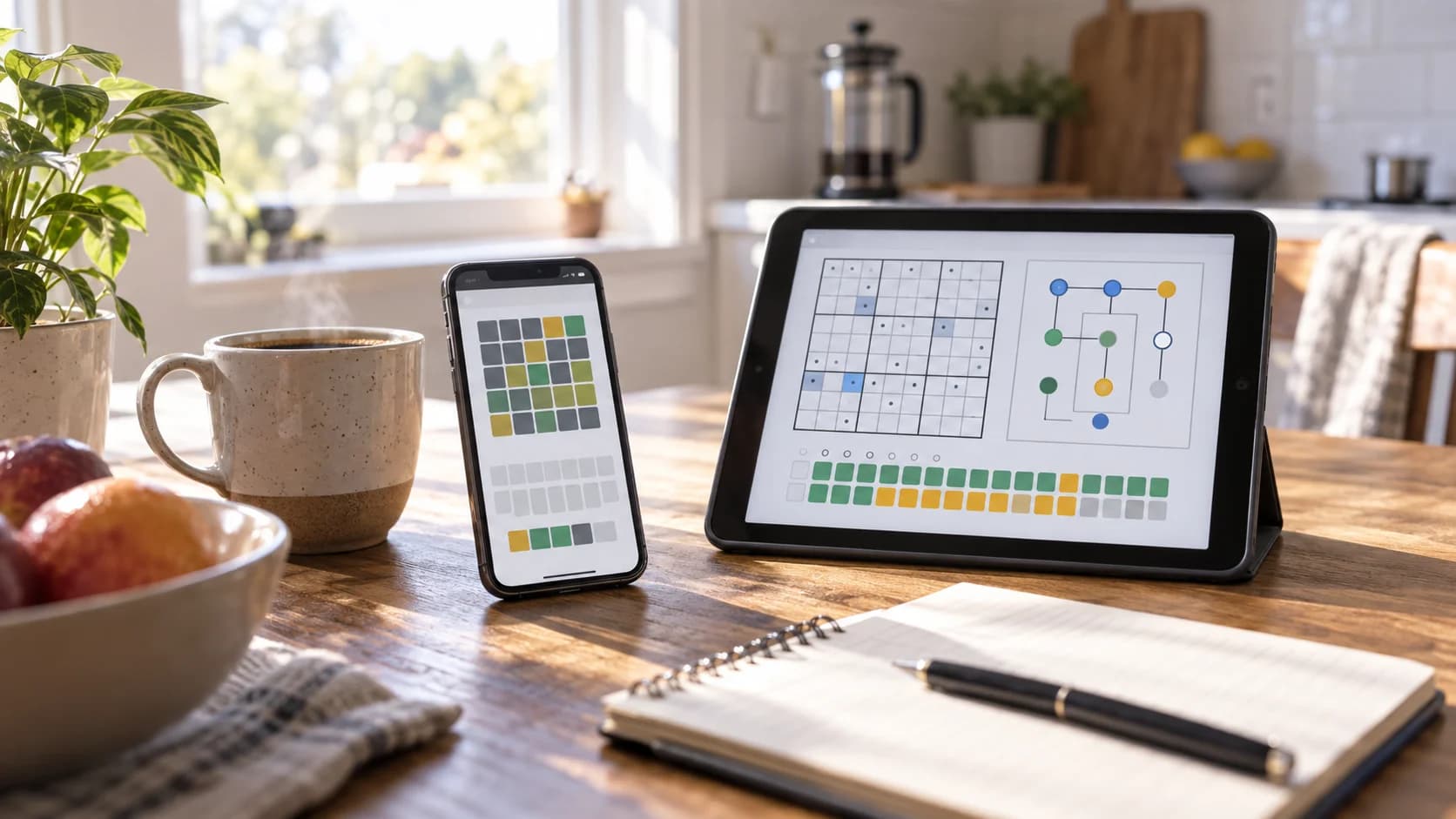 Realistic morning table with phone and tablet showing abstract daily puzzle grids beside coffee and a notebook
