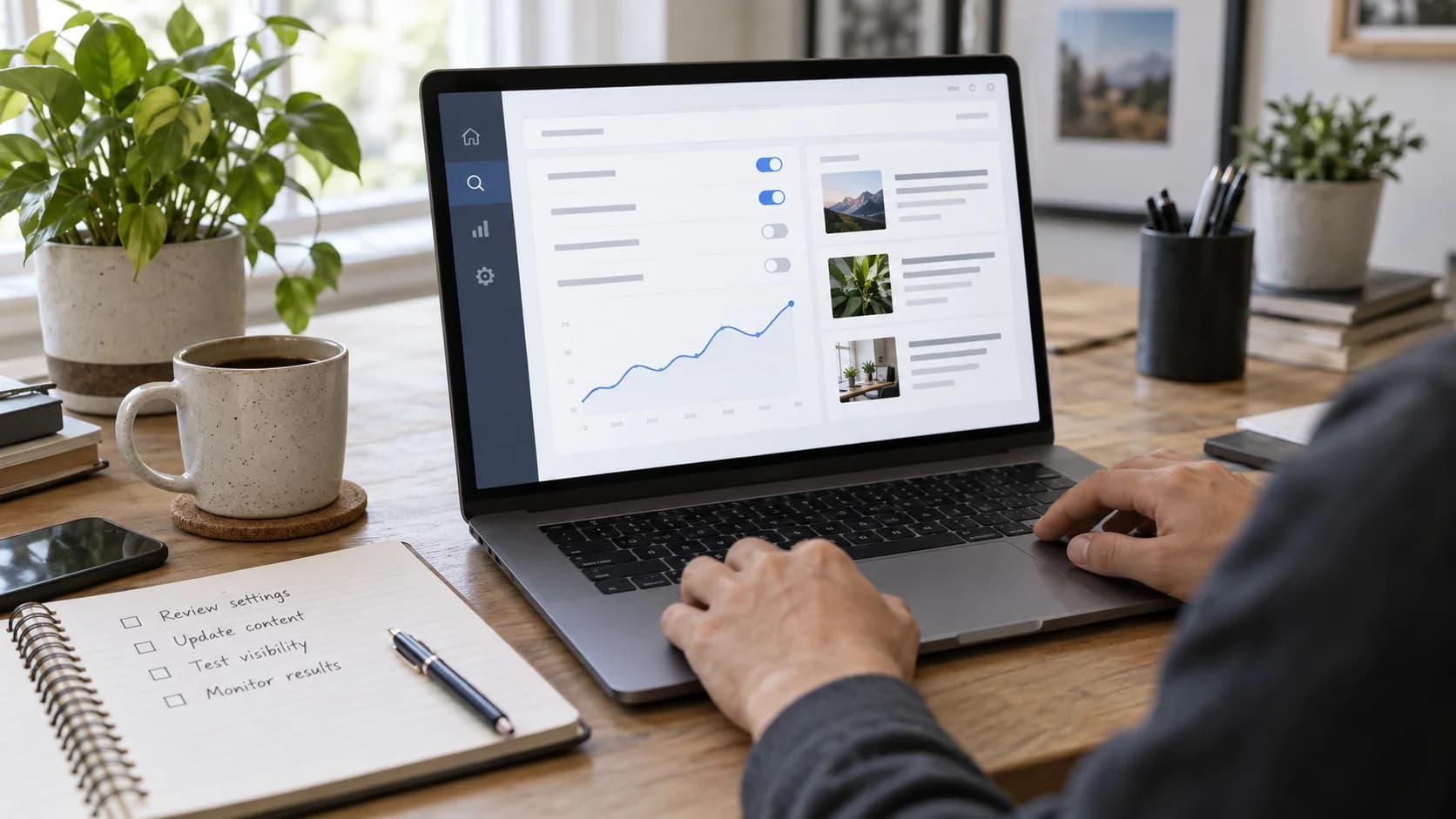 Realistic website owner desk with laptop settings panel, search visibility chart, article cards, and checklist notebook