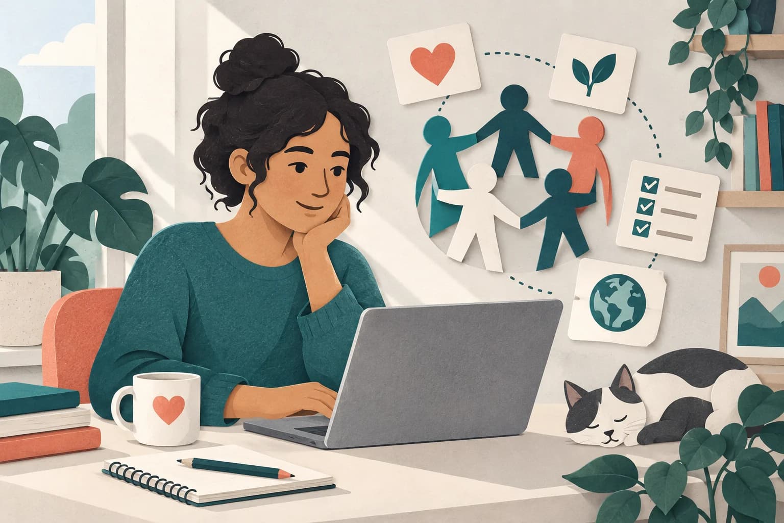 AI-generated paper-style illustration of a person volunteering on a laptop beside connected community figures and task cards.