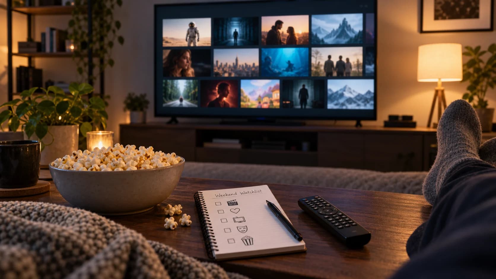 Realistic living room streaming setup with generic TV thumbnail grid, popcorn, remote, and weekend watchlist notebook