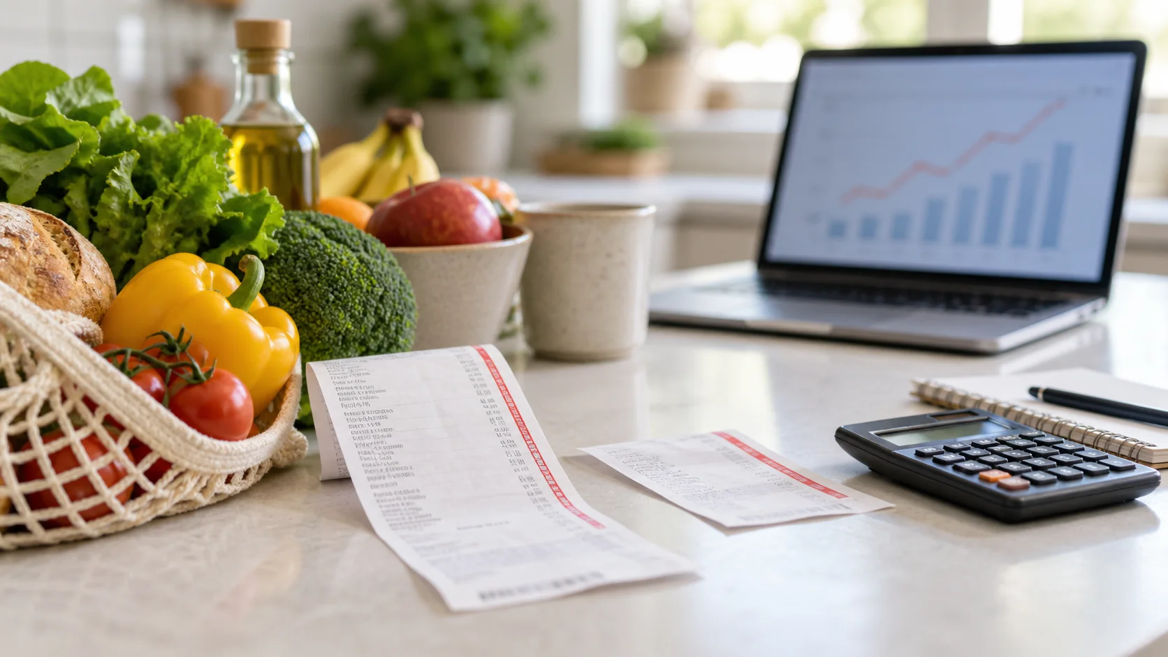 Realistic photo of grocery receipts, fresh produce, a calculator and a blurred laptop chart on a bright kitchen counter.