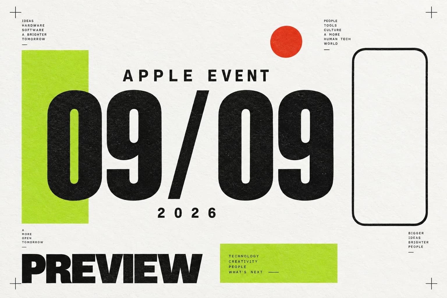 Independent typographic event-preview illustration reading Apple Event, 09/09, 2026 and Preview, with lime accents and an abstract phone outline.