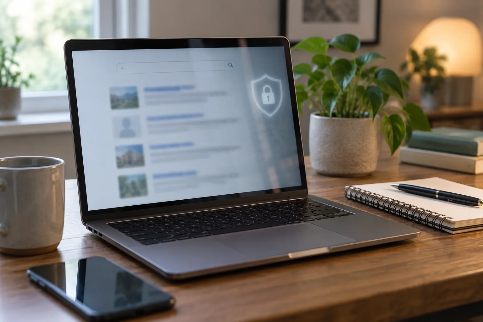 Laptop showing an intentionally blurred generic search page with an abstract privacy shield beside it.