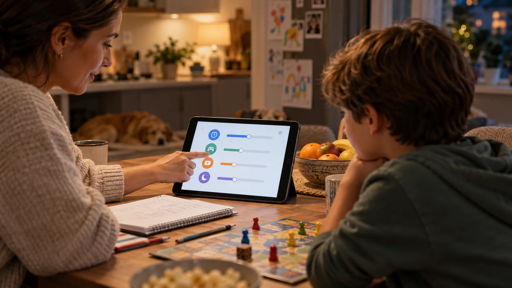 Realistic parent and child at kitchen table setting tablet app limits beside homework notebook and board game pieces