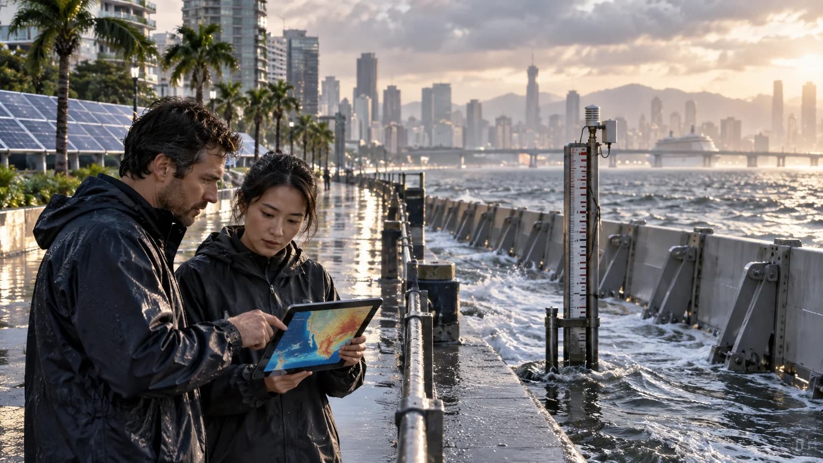 Realistic coastal city after heavy rain with tidal gauge, flood barriers, solar panels, and scientists reviewing climate data