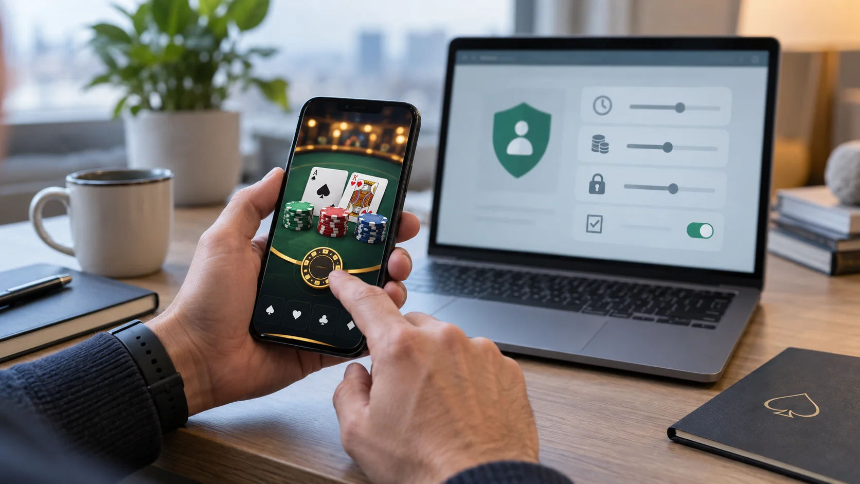 Realistic phone showing an abstract casino app beside a laptop with responsible gaming controls and safety icons