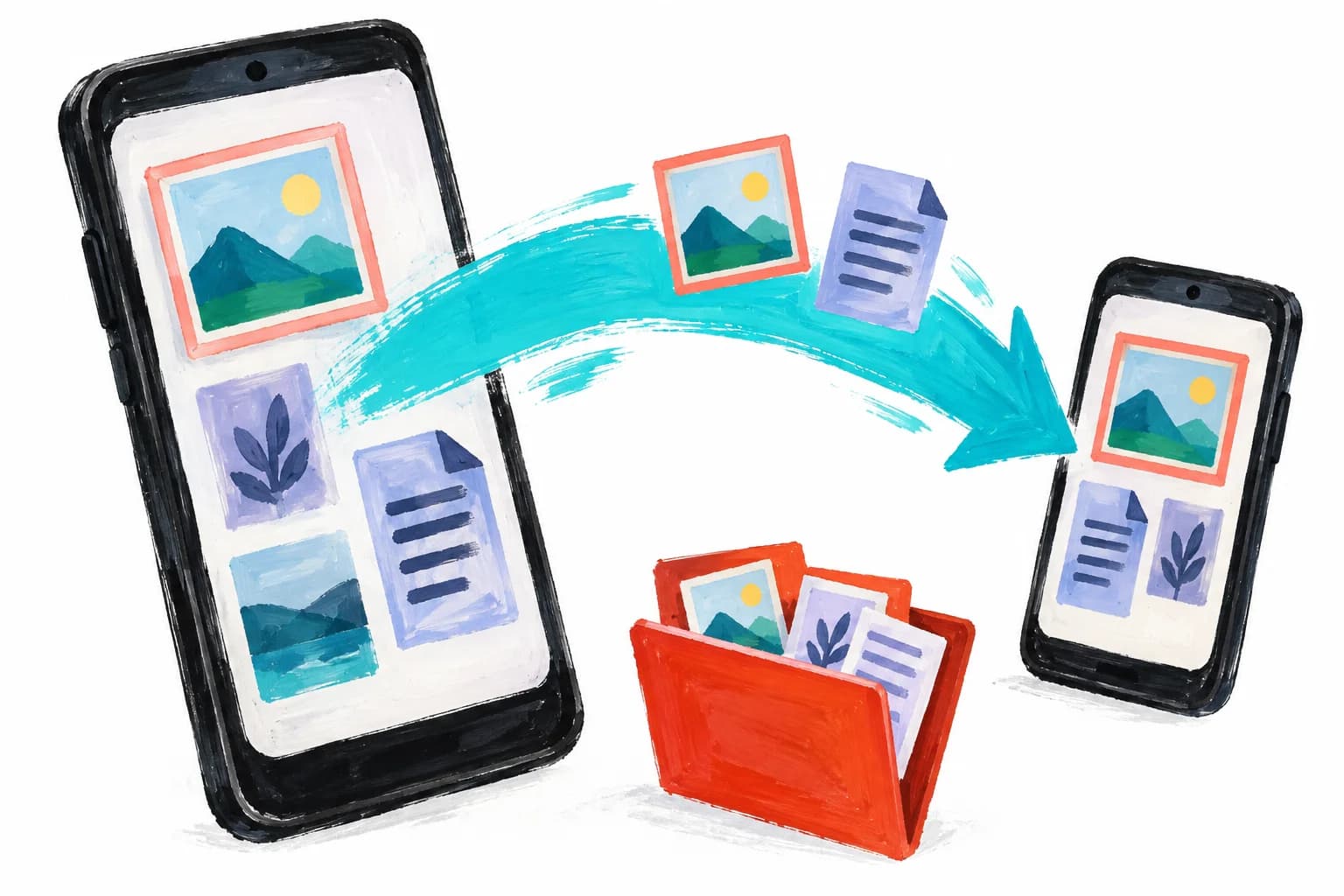 Gouache-style illustration of two phones linked by a turquoise brushstroke carrying photo and document shapes above a red folder.