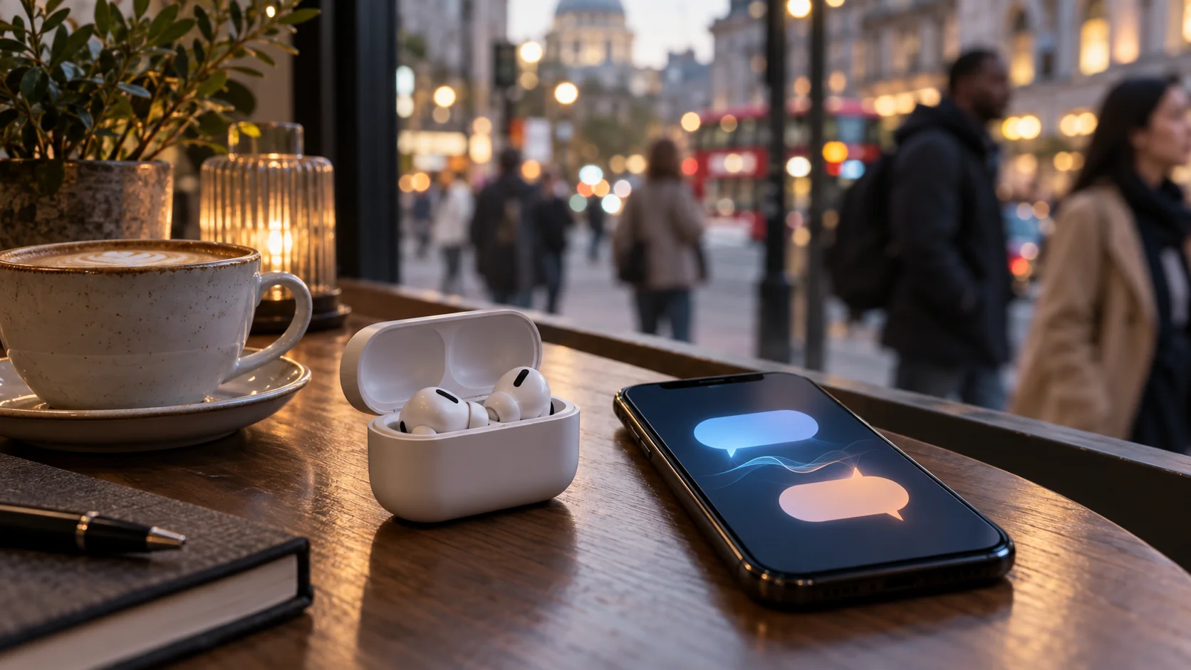 Wireless earbuds beside a phone with abstract conversation bubbles on a cafe table.
