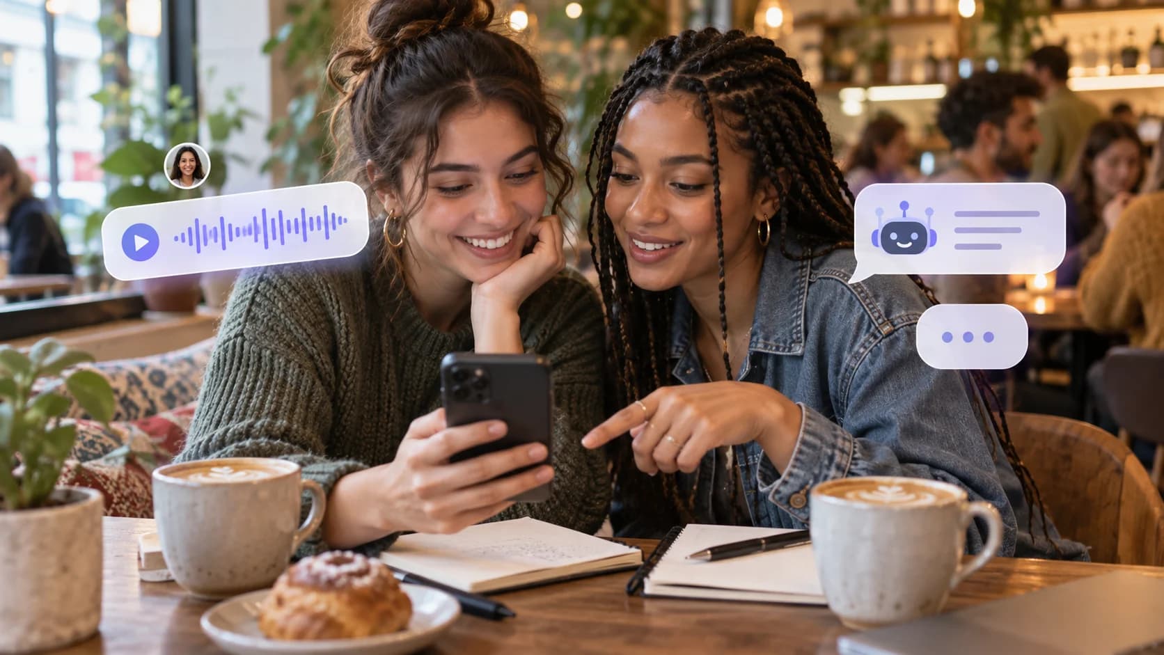 Realistic cafe scene with two friends looking at a phone with abstract voice note and AI chat bubbles