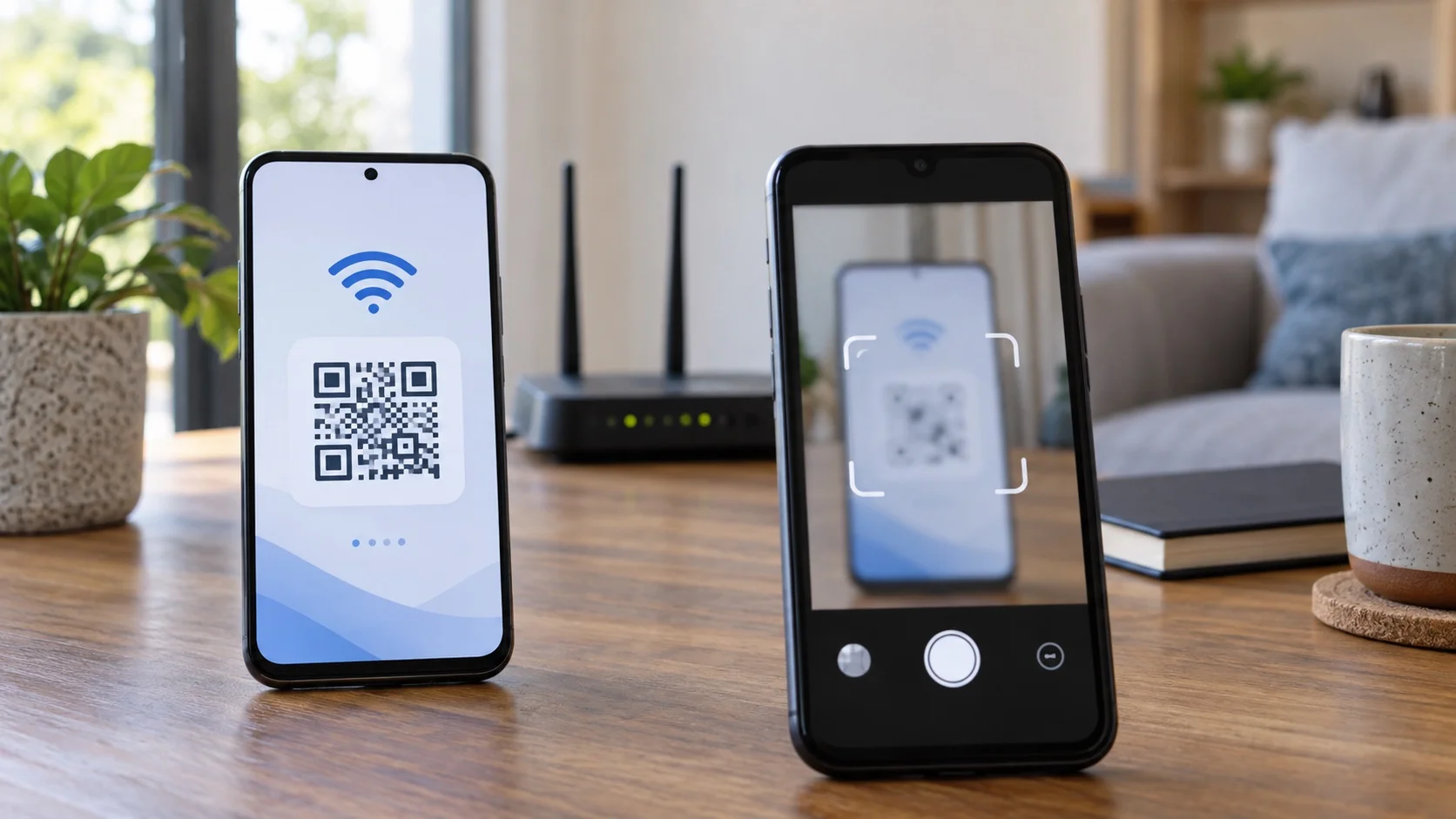 AI-generated iPhone-style and Android-style phones beside a router and abstract non-scannable QR pattern.