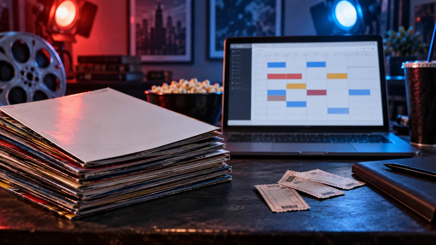 Realistic entertainment-news desk with blank comic magazines, cinema ticket stubs, release calendar, and red-blue studio lighting