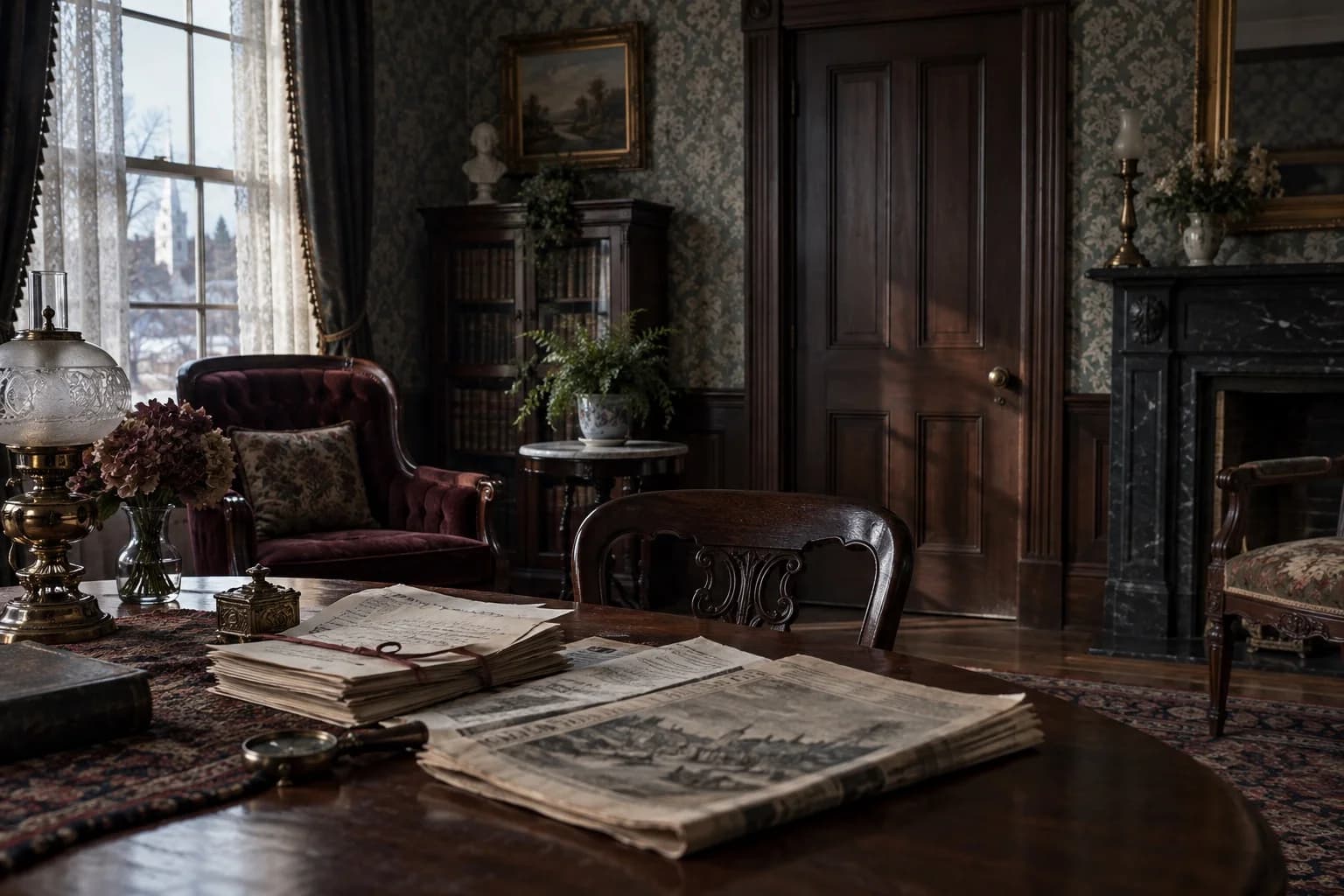 AI-generated empty Victorian parlour with historical papers and newspapers arranged on a wooden table.
