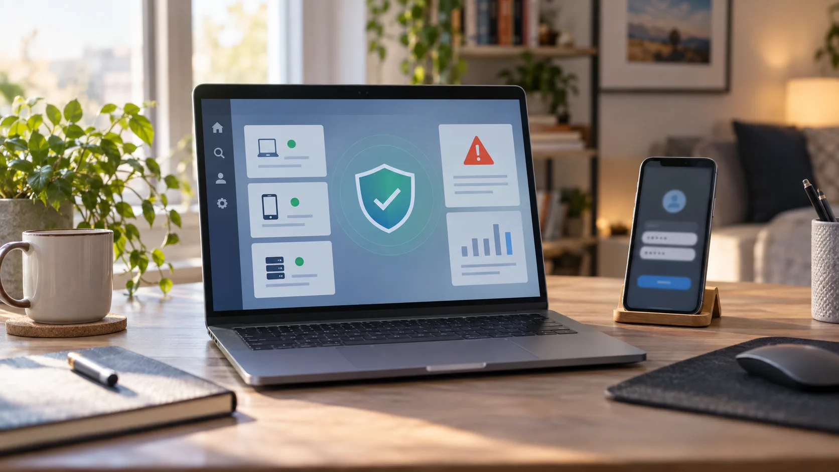 Realistic laptop security dashboard on a desk with phone login prompts and privacy notes