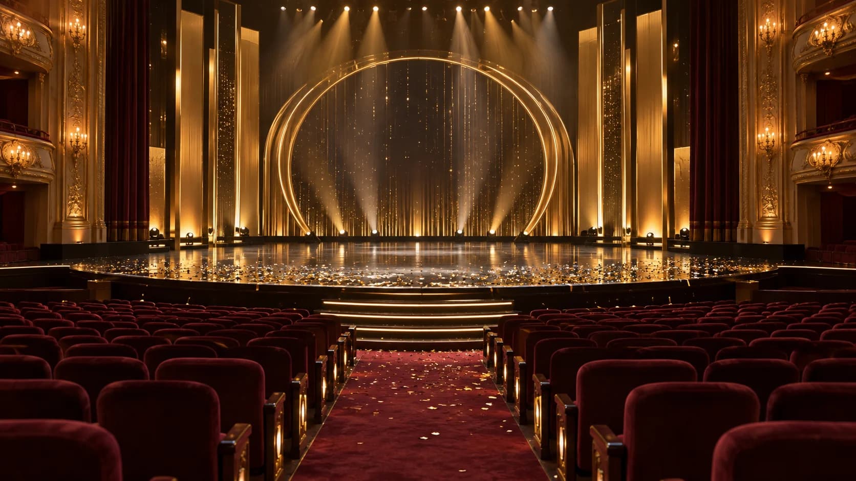 AI-generated illustration of an empty awards theatre with warm stage lights and confetti.