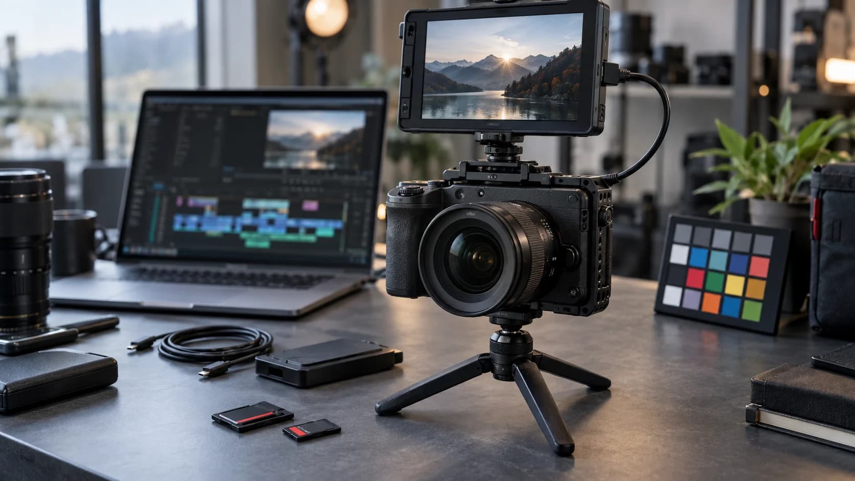 Realistic editorial photo of a compact mirrorless cinema camera with monitor, color chart, memory cards and laptop editing timeline.